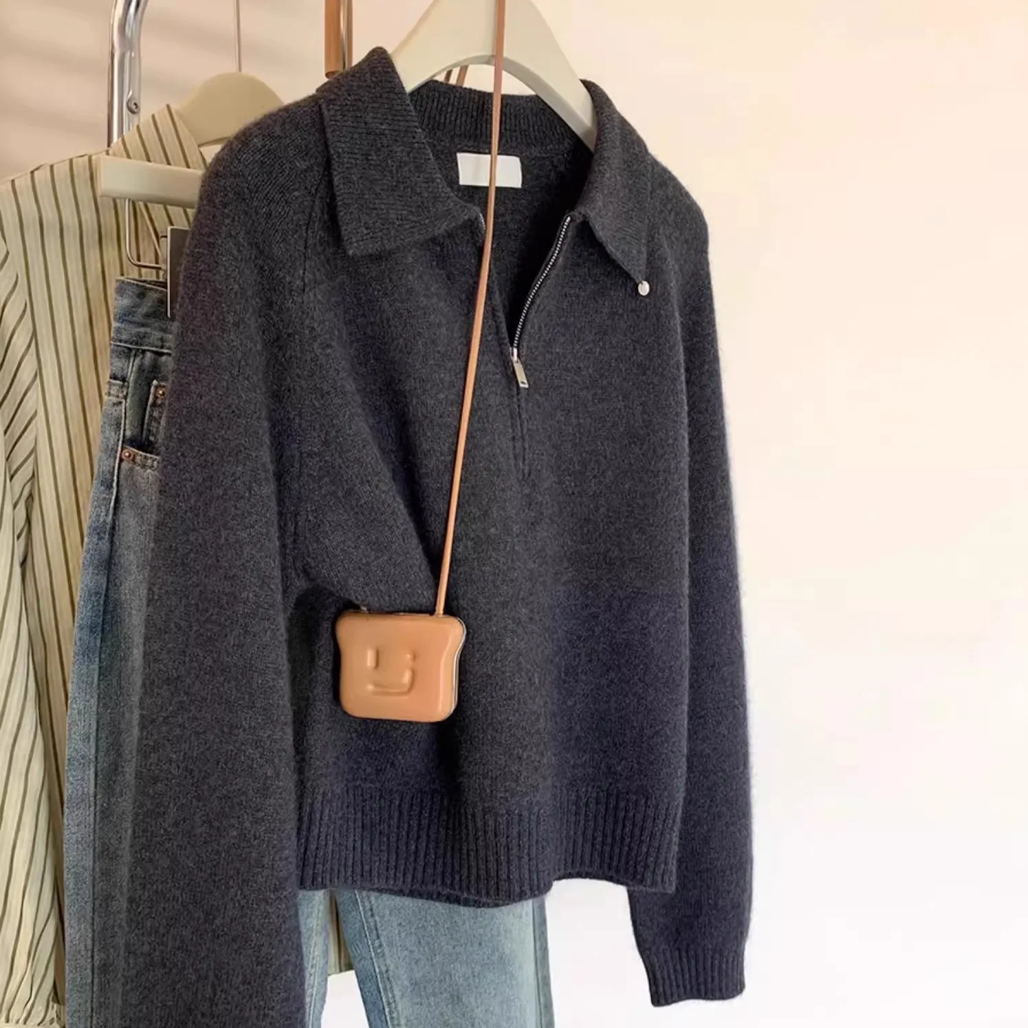 k ey  Collar f Zip Knitted Sweater Women's Autumn Winter New Sle Small Size Flip Collar Knitwear Top