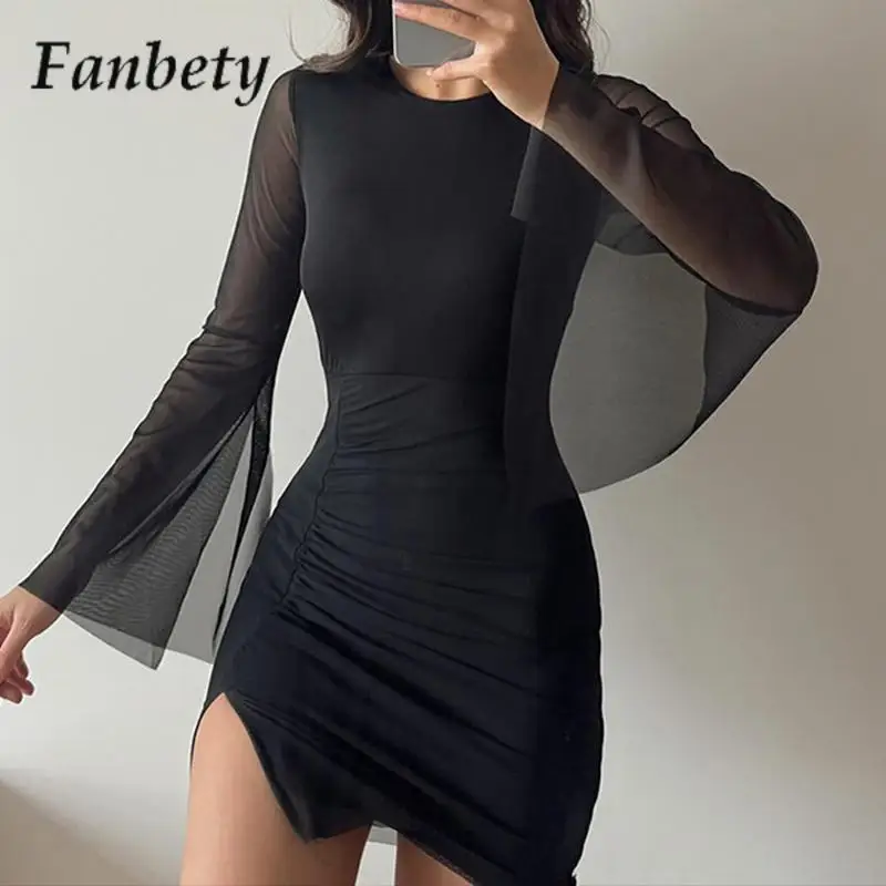 

Fashion New Solid Color Mesh Splicing Mini Dress Chic O-Neck Pullover Slit Slim Hip Wrap Dress Women's Horn Sleeve Dating Dress