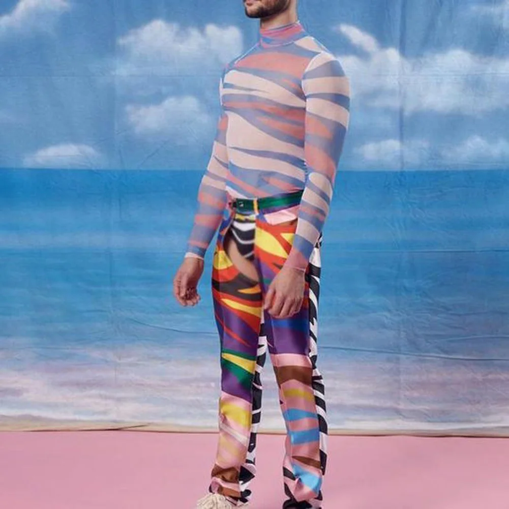 

Футболка мужская для отдыха, повседневный облегающий прозрачный топ, легкая эластичная футболка для отдыха, с высоким воротником и длинным рукавом