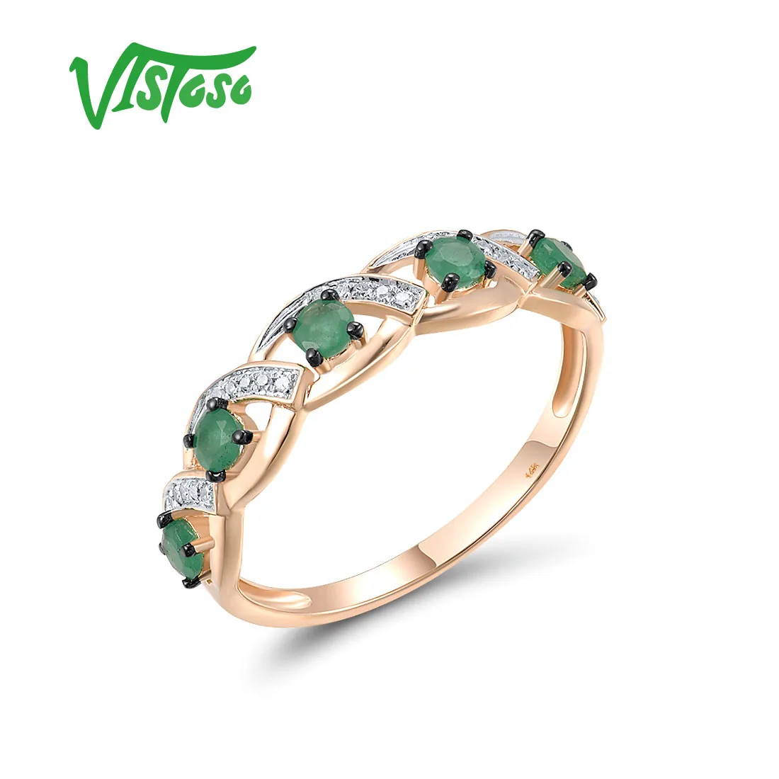 VISTOSO Authentic 14K 585 Rose Gold Ring For Women Sparkling Diamond And Emerald Engagement Wedding Party Fine Fashion Jewelry