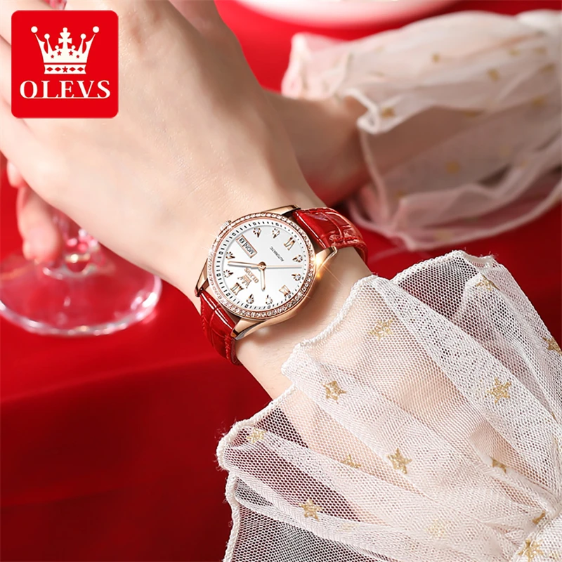OLEVS Brand New Luxury Diamond Mechanical Watch for Women Leather Strap Waterproof Week Date Fashion Women Watches Montre Femme