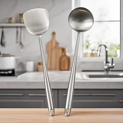Premium Stainless Steel Kitchen Utensil Set - Wok Spatula, Ladle, Skimmer Spoon, and Slotted Turner (2pcs set A)