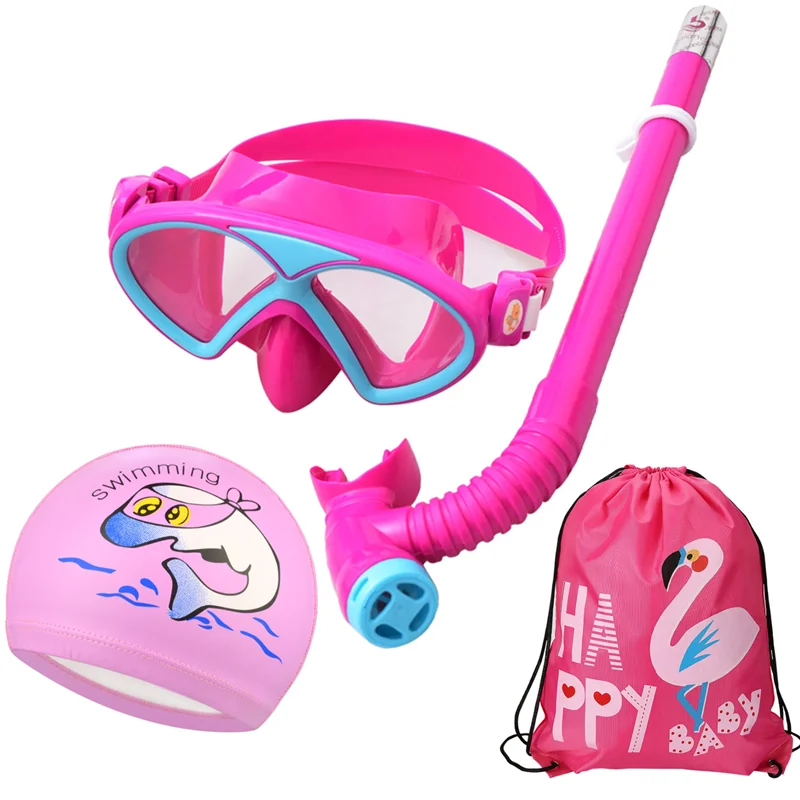 Unisex Children Diving Mask Snorkel Swim Cap Bag Set Swimming Scuba Half Dry Tube Snorkeling Glasses Anti Fog Kids Swim Goggles