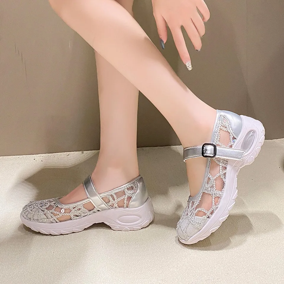 Women's Breathable Mesh Leather Chunky Heel Shoes