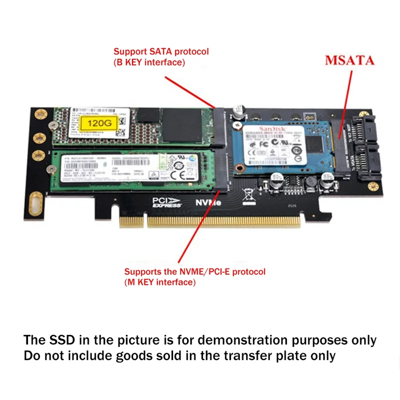 데스크탑 컴퓨터 라이저 카드, PCIE X16-M.2 M 키 NVME SSD, M.2 B 키 SATA SSD, MSATA SSD 어댑터 카드, 3 in 1