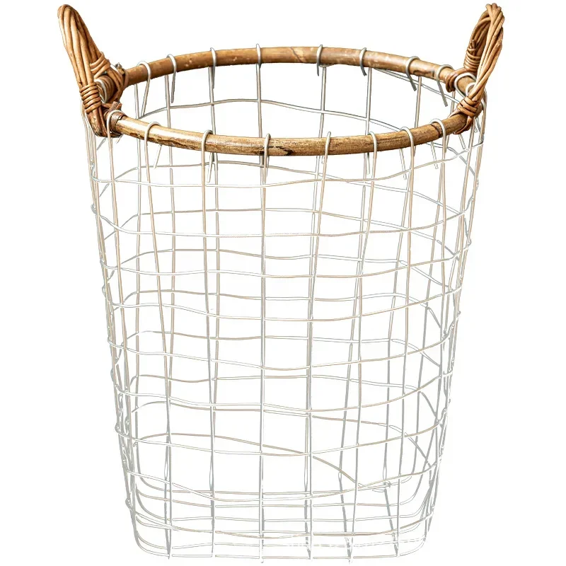 Retro Minimalist Wrought Iron Mesh Storage Basket Woven with Rattan and Iron Wire Pure Handmade Hand-held Storage Basket 5