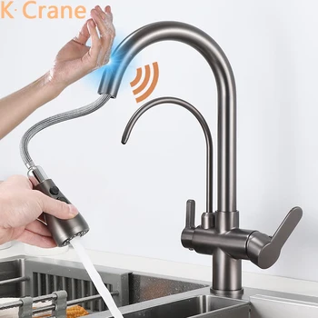 สีเทา Touch Sensor ก๊อกน้ําห้องครัวสมาร์ทกรอง Tap Sink ร้อนเย็นดึงลง Crane Deck Mount Dual Handle Touch ก๊อกน้ํา Tap 1