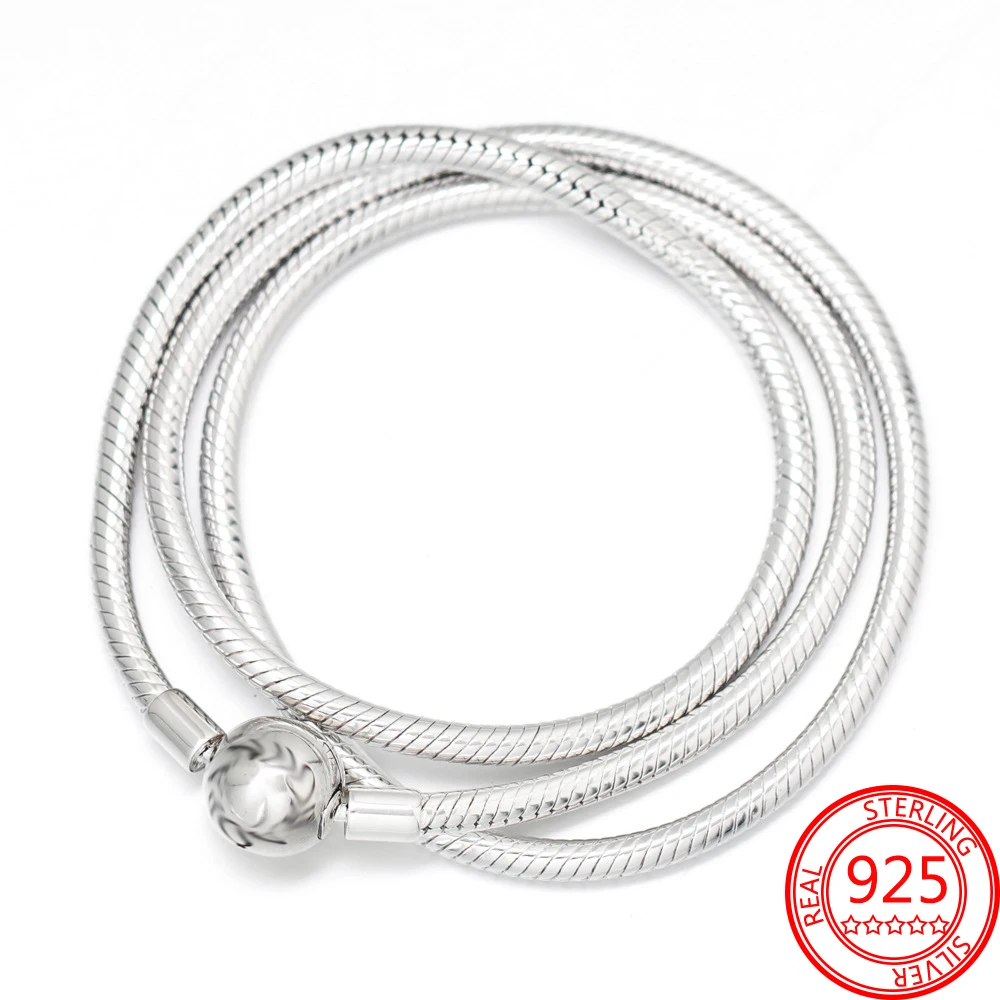 Real 925 Silver Brand Classic Necklace Basic Chain Round Snake Clasp