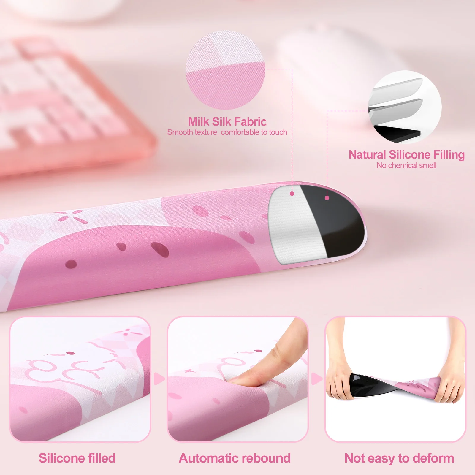 Yunzii-teclado Ergonômico Bonito Descanso de Pulso Base pu Antiderrapante Miau Rosa Apto para Escritório Jogos Computador tipo Alívio da Dor - Imagem 3