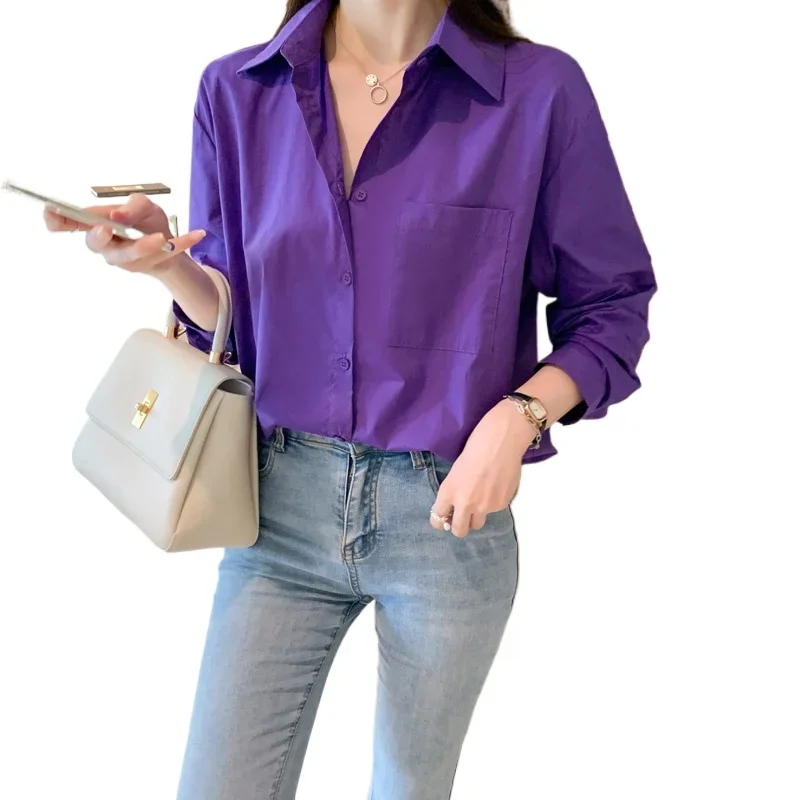 

Рубашка женская с карманами, свободная повседневная однотонная блузка, фиолетовый туник, модный топ, на весну