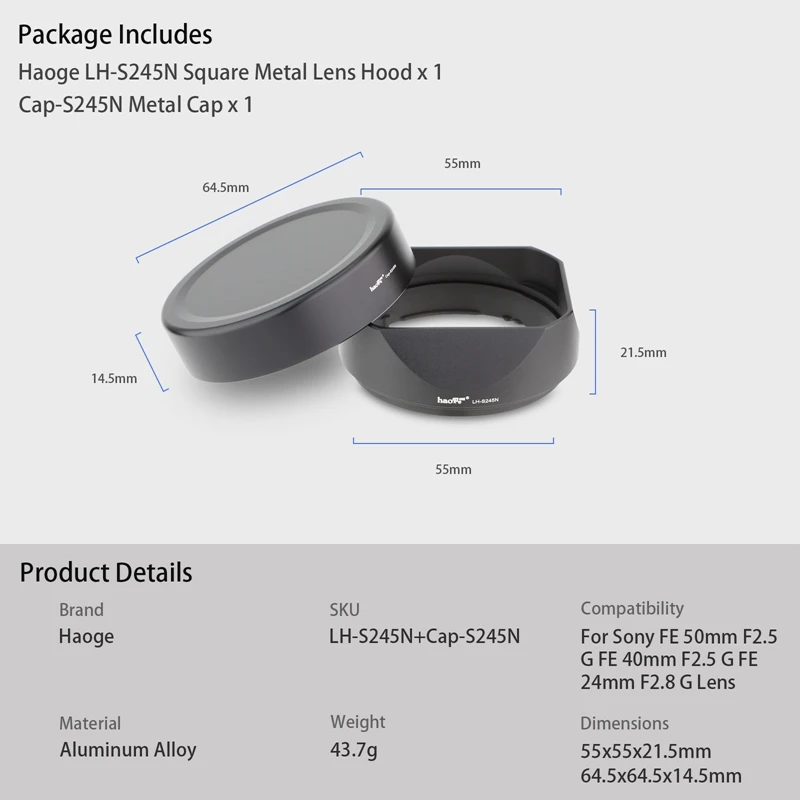 Haoge LH-S245N Bajonett Platz Metall Objektiv Haube für Sony FE 50mm F 2,5G FE 40mm F 2,5G FE 24mm F 2,8G Objektiv Schatten mit Kappe – Detail 11