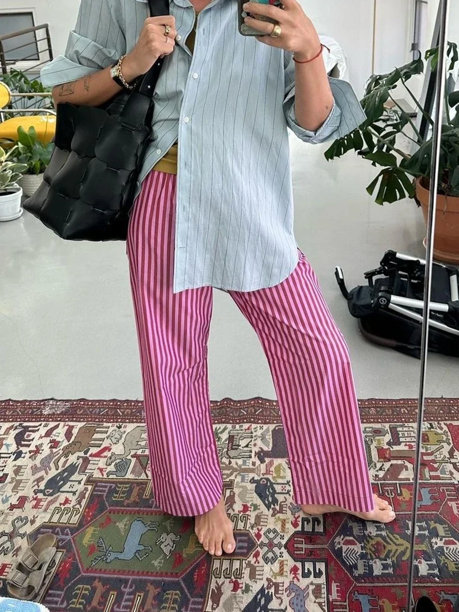 Combhasaki Women's Y2K Retro Vintage Casual Striped/Solid Long Pants Button Elastic High Waist Aesthetic Loose Straight Trousers 3