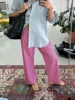 Combhasaki Women's Y2K Retro Vintage Casual Striped/Solid Long Pants Button Elastic High Waist Aesthetic Loose Straight Trousers 3