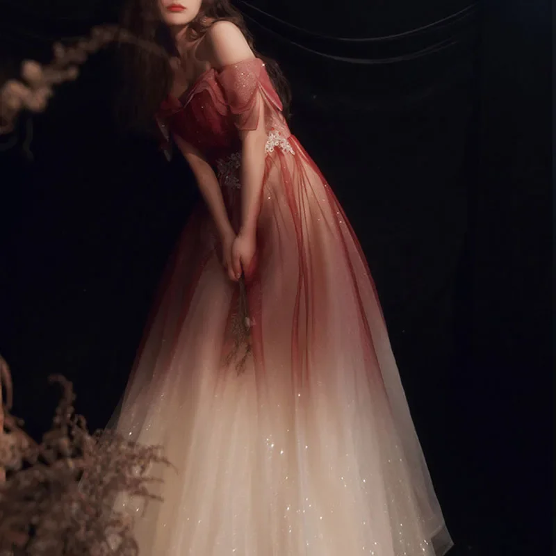 Off Shoulder Prom Dress Sparkling Temperament Wine Red Gradually Changing Maxi Dress Ball Gown for Women