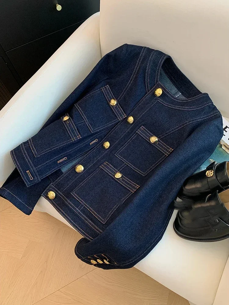 Syiwidii Blue Denim Jacket Women Autumn Classic Style Short Coat 2024 New Korean Fashion Pockets O-Neck Female Loose Jackets 2