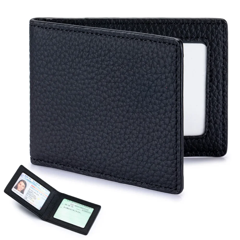 Thin Minimalist Bifold Design Driver's Licence Cover Genuine Leather ID Badge Window Slot Credit Debit Vaccinum Cards Holder