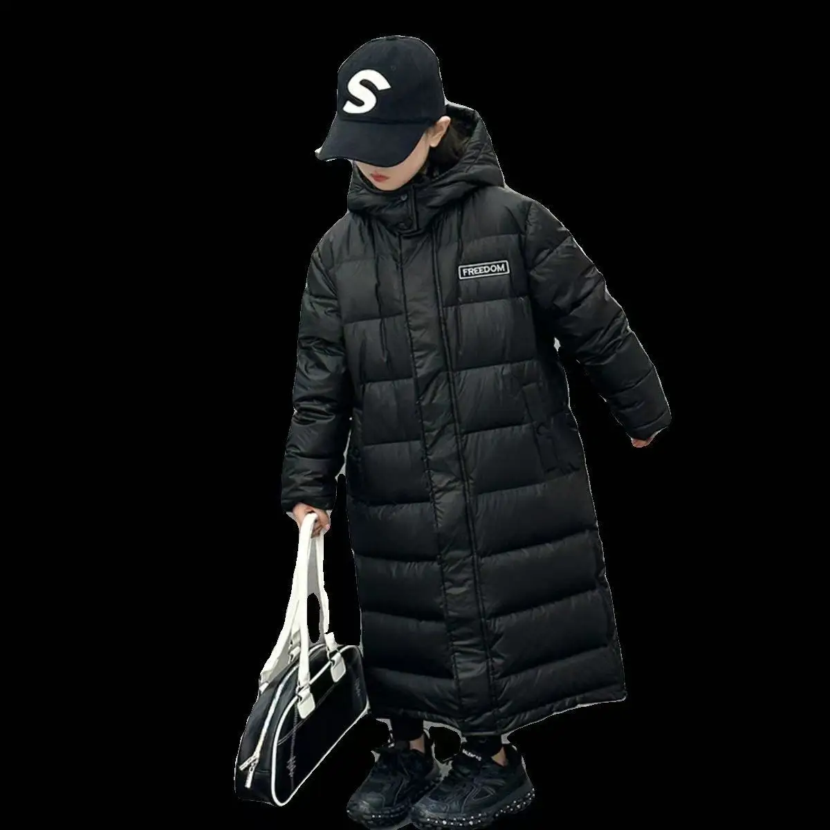 어린이용 다운 재킷 겨울 2025 신상 남녀 공용 서양식 두꺼운 롱 오버 니 겨울 학생용 블랙 코트 100-170cm