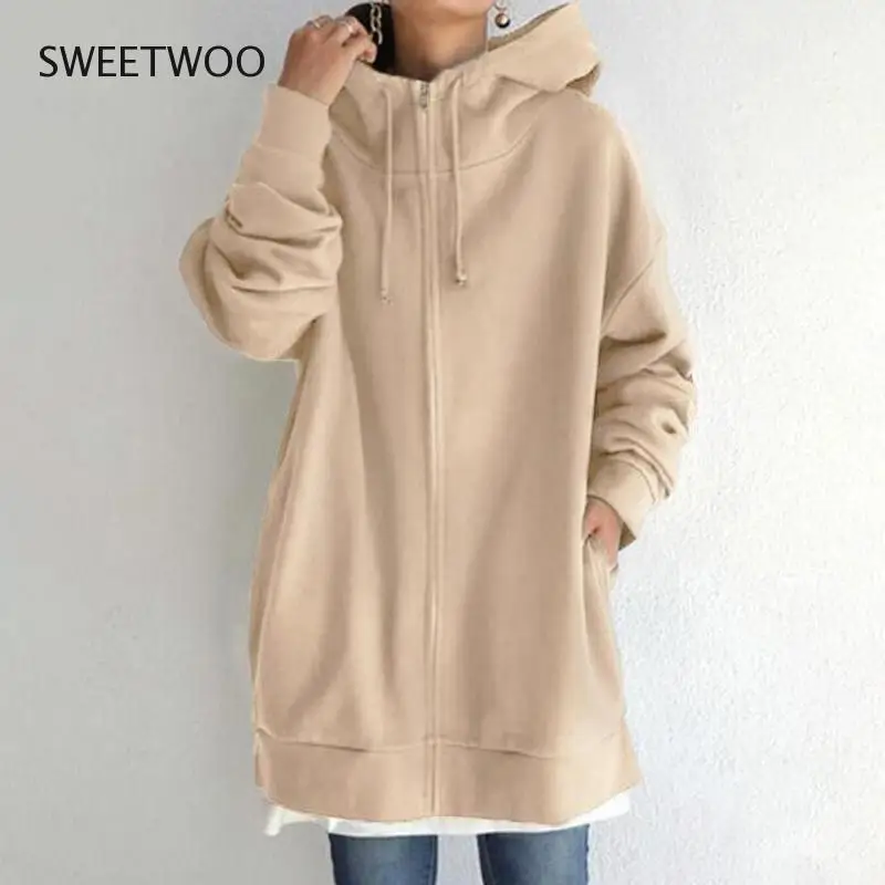 Women's Fashion  S To 5Xl Long Sweatshirt Casual Hooded Velvet Zip Coat Outwear Sport Female Tops Solid Soft Tide Chic