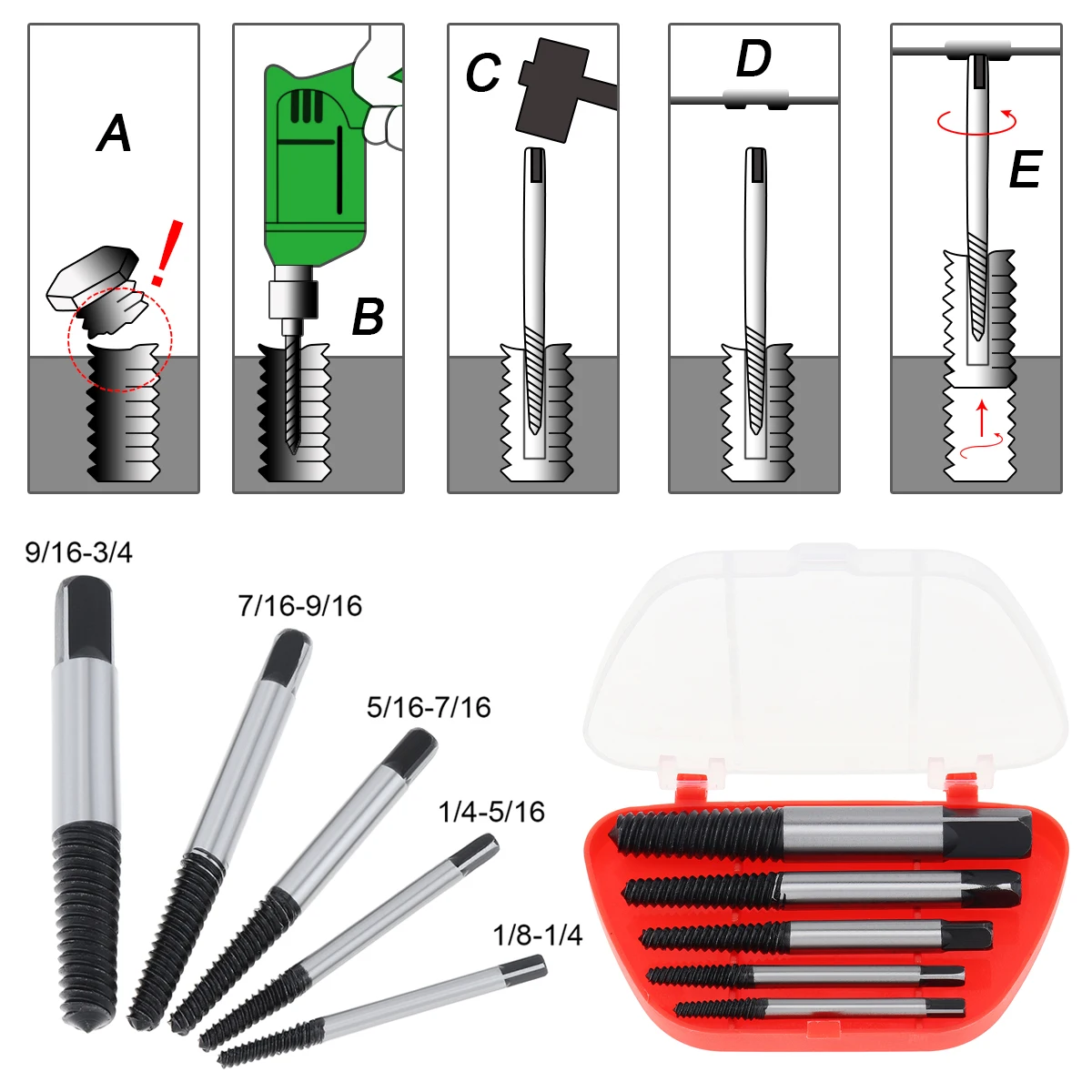 5pcs Screw Extractor Set Easy Out Drill Bits Guide Broken Screws Bolt Remover As 