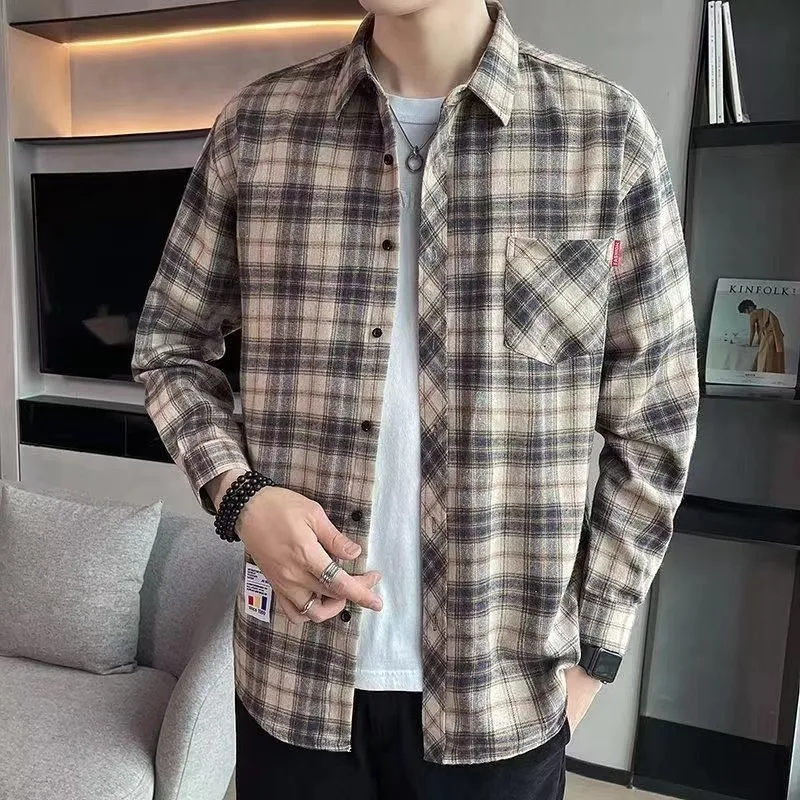 2024 New Autumn Long Sleeved Checkered Shirt Korean Edition Men Business Travel High Quality Comfortable Loose Collar Top Shirt