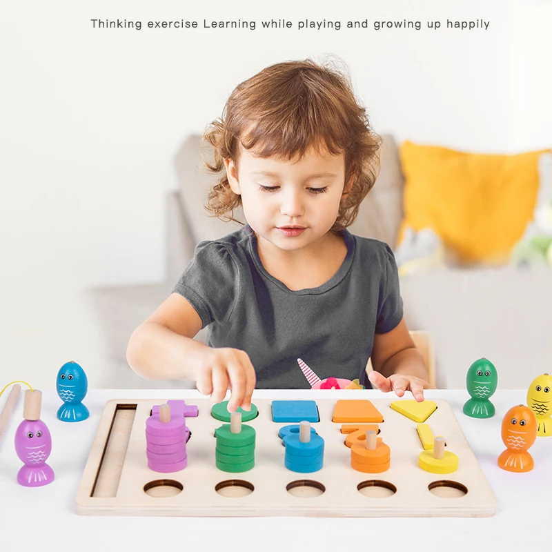 Montessori Digital Geometry Blocks Jigsaw and Fishing Game Kindergarten Supplies Wood 3D Puzzles Educational Toys Children Gift