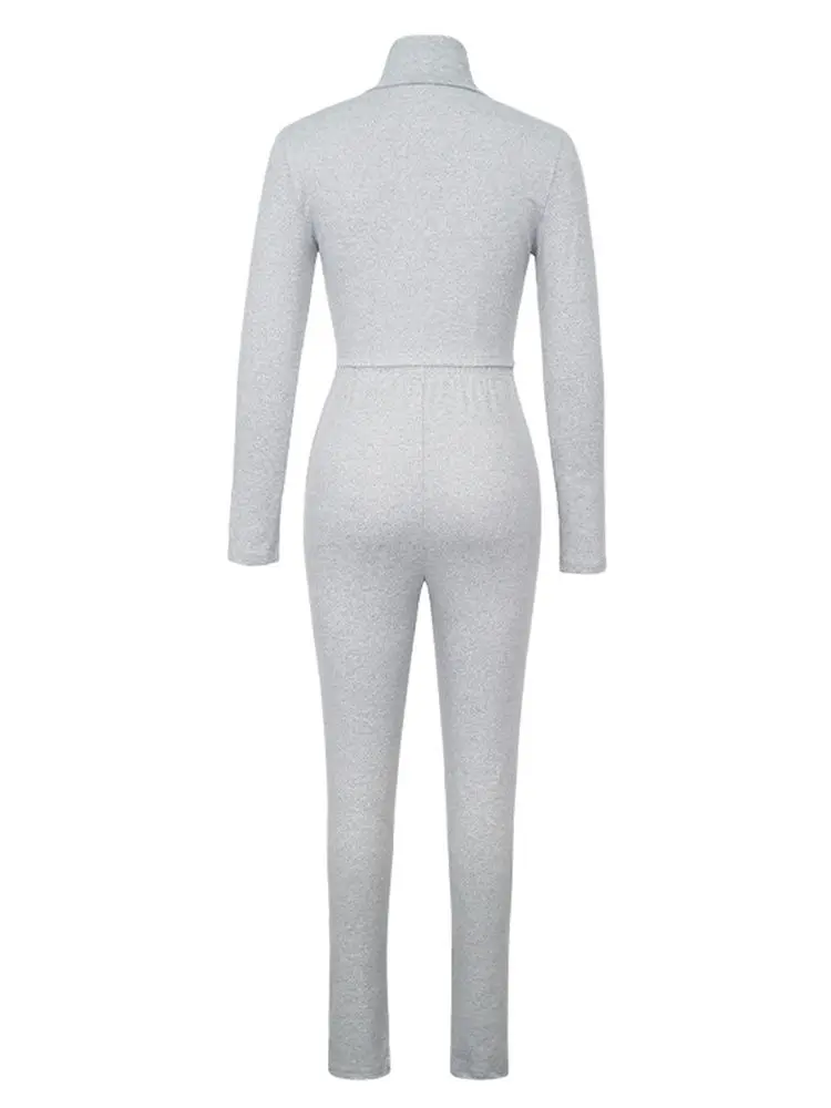 LW Solid Color Patchwork Two Pieces Basics Tracksuit Set Long Sleeve Mock Neck Bare Waist Zipper Crop Top&Skinny Split Trousers