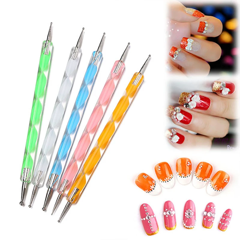 

5Pcs/Set Dual End Nail Art Dotting Pen Acrylic Drawing Liner Flower Brush Rhinestone Crystal UV Gel Painting Manicure Tool