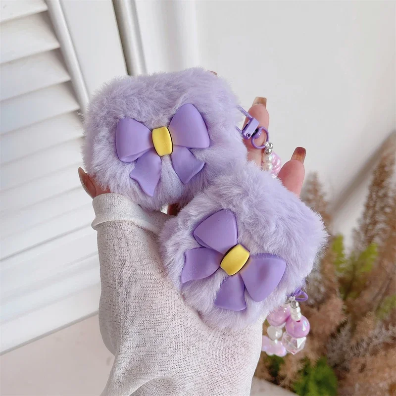 Bow Purple Winter Soft Fluffy Fuzzy Warm Case Per Apple Airpods 2 3 Generation Cover Per Airpods Pro 2Nd Per Air Pods Protective