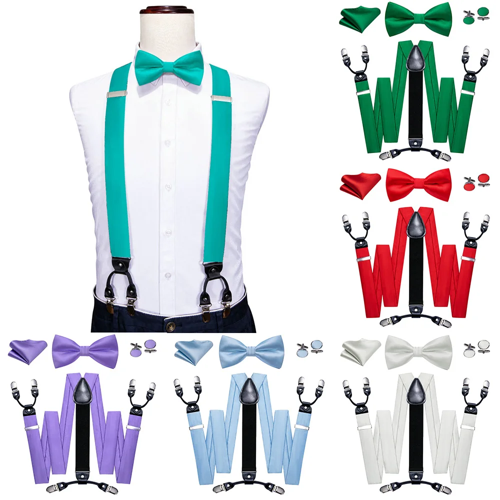 Exquisite-Teal-Men-Suspender-For-Shirts-Fashion-Silk-Solid-6-Clips