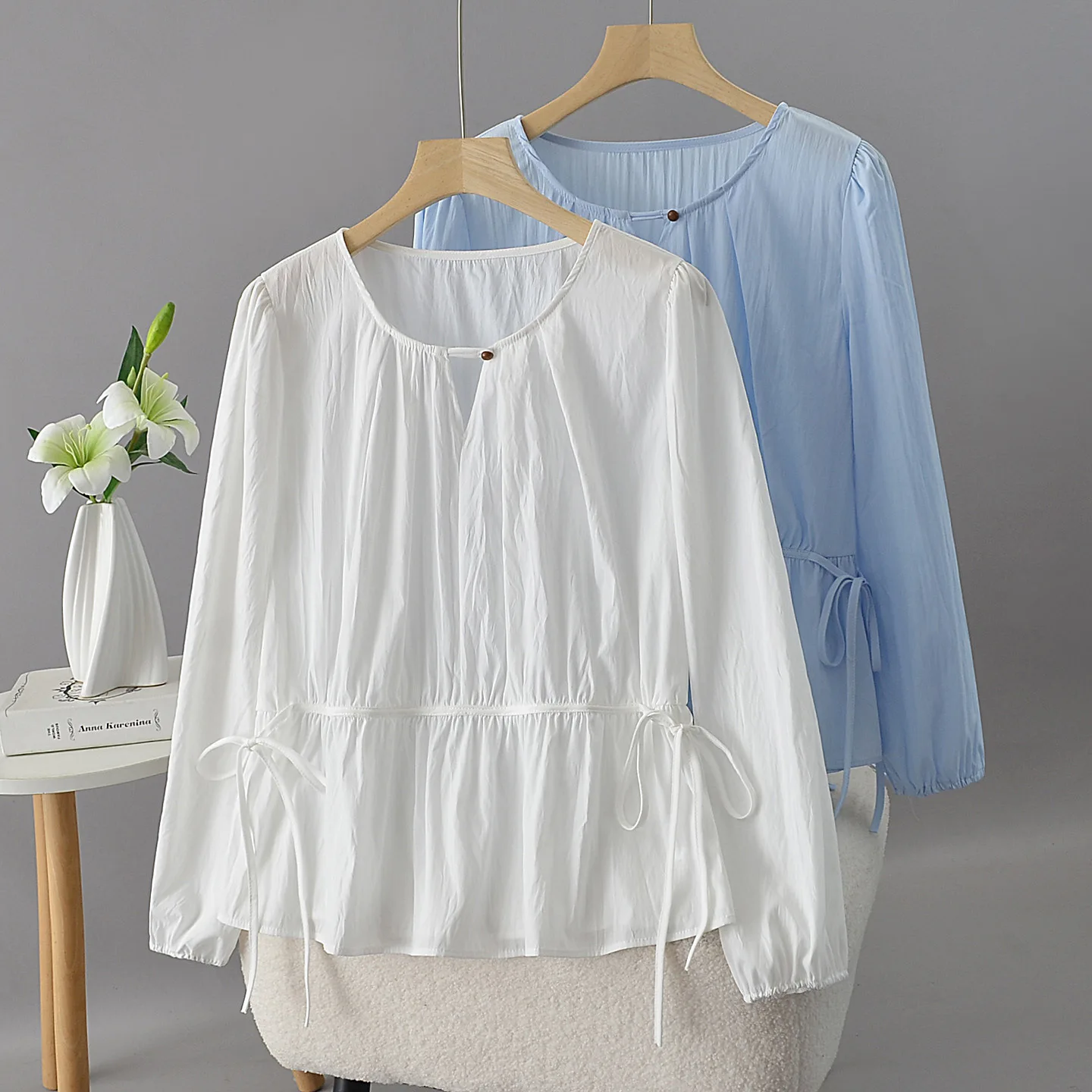 Plus Size Women's Blouses Autumn New Korean-style Stylish Drawstring Waist Long Sleeve Shirt 1009