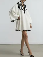 Freeacy Hollowed V-neck Mini Dress for Women Flared Sleeves A-line Pleated Dress 2025 Stylish Contrast Trims Elegant Party Dress - Image 4