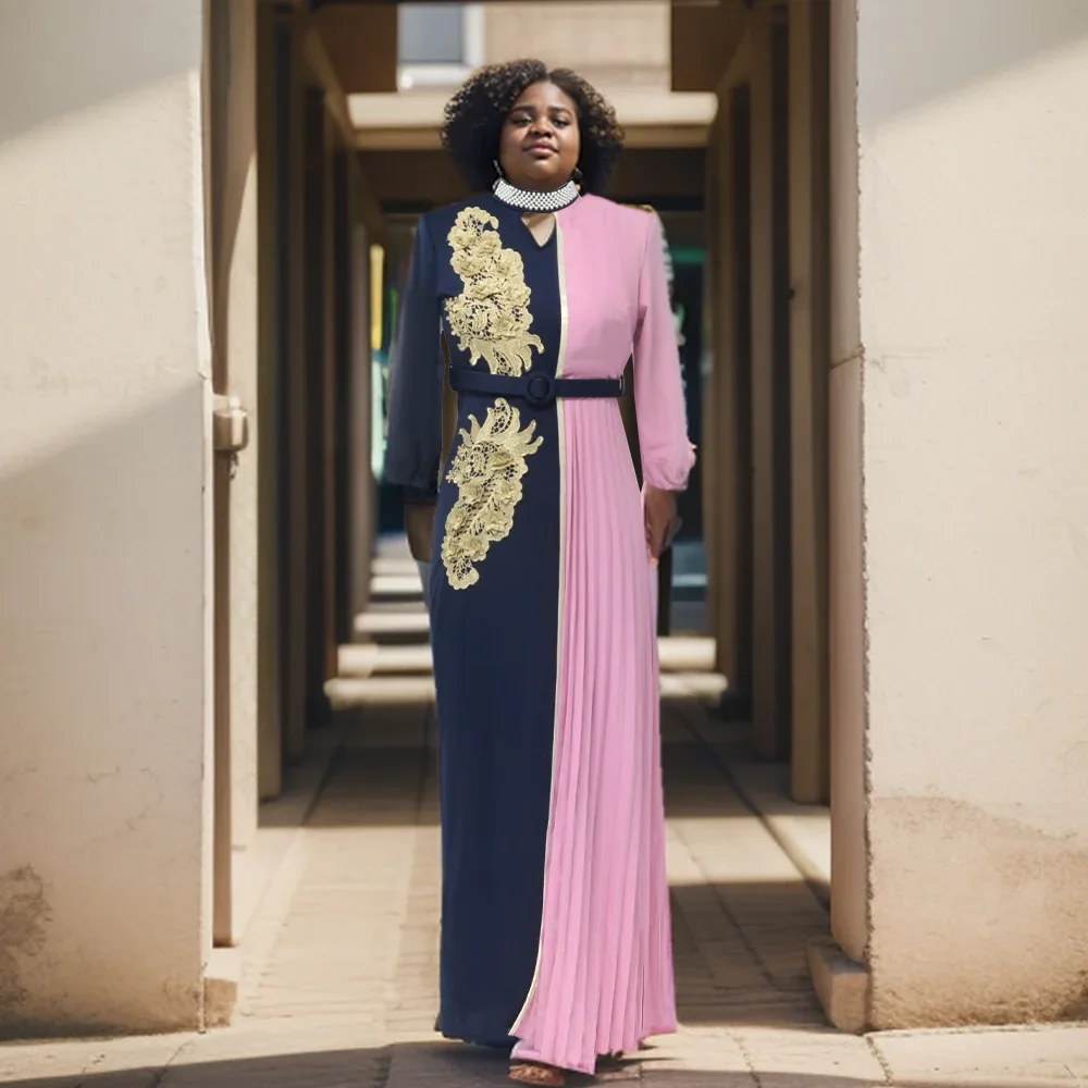 

Women's Dress 2024 New Long Large Light Material Style Dress Elegant Long-sleeve Two Color Patchwork African Dress With Belt