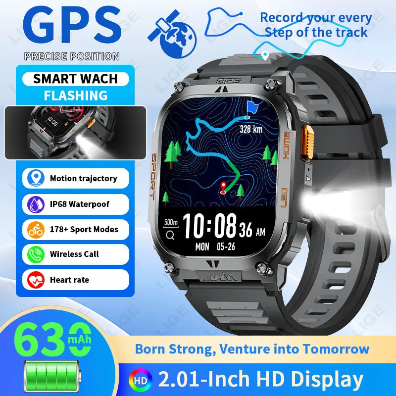 2025 New GPS Tracker Smart Watch Men LED Flashlight 1.96'' HD Screen Compass Watches Bluetooth Call Waterproof Sports Smartwatch