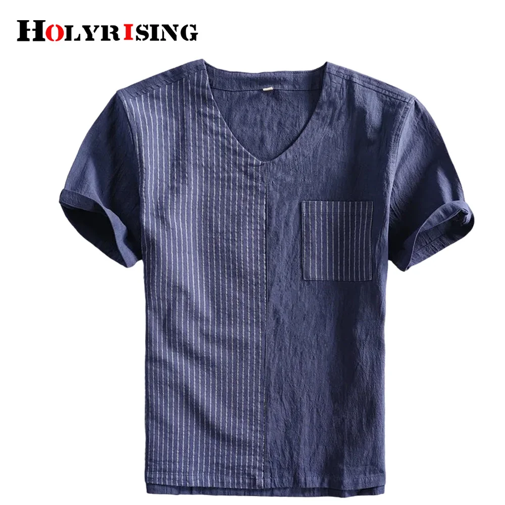 

linen cotton t-shirts for men striped trend hemd herren breathable loose camisa masculina transparente pockets top s-5xl NZ057