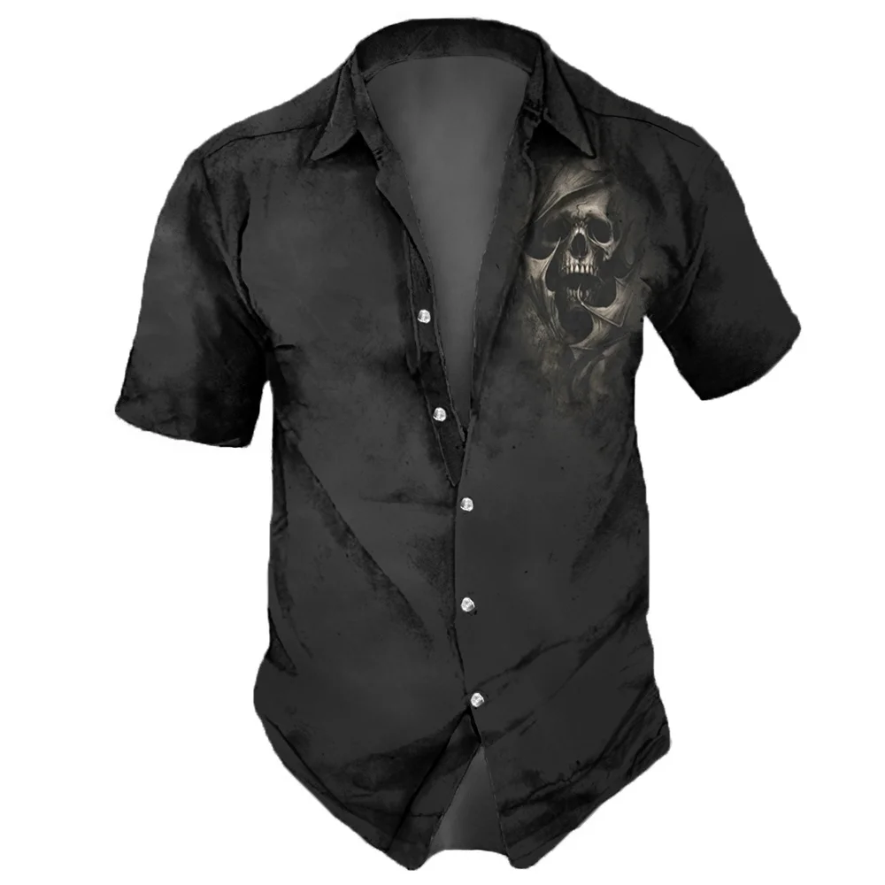Short Sleeved Shirt Men Lapel Streetwear Vintage Skull Hip Hop Party Summer Casual Hawaiian