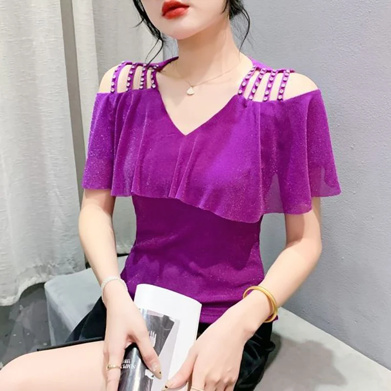 Fashion Bright Silk Beading Slip Ruffles Off Shoulder Blouses Women Clothing 2024 Summer New Loose Chic Tops Office Lady Shirts