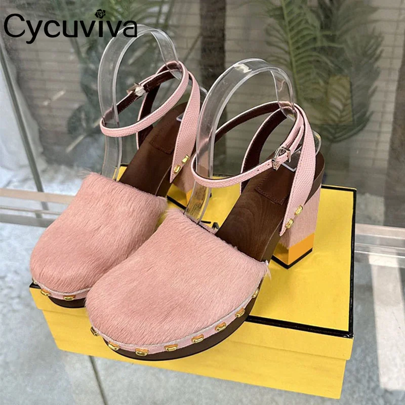 

Luxury Horse Hair Platform Gladiator Sandals Women Chunky Heel Party Shoes For Women Ankle Strap Pumps 2023 New Sandals Women