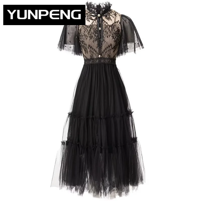 

Summer Mesh Dress Women Stand Collar Beading Butterfly Sleeve Lace Patchwork Vintage Midi Dresses For Women 2023 Runway Luxury