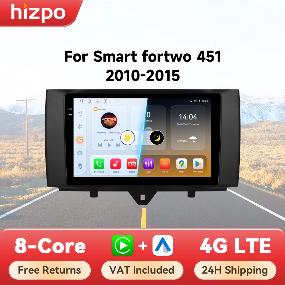 Hizpo Android Auto Car Radio Intelligent System Smart Fortwo 451 2010–2015 Wireless Carplay 4G Multimedia GPS 2din Autoradio