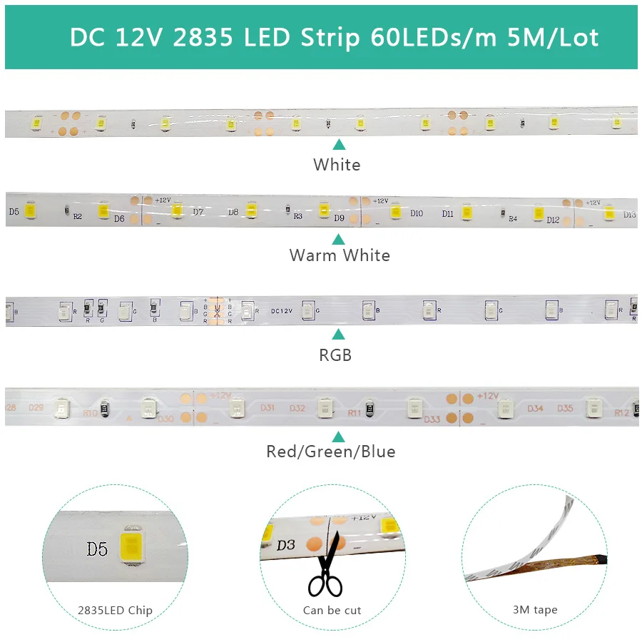 5M Led Strip 5050 2835 Rgb Tape 12v Waterproof White Light For Room Decoration Kitchen Garland Ribbon Outdoor Lighting Cabinet