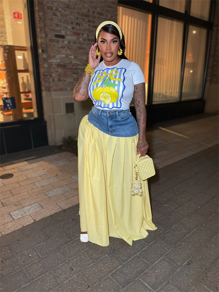 Wmstar Two Piece Set Women Casual Tshirts Top Denim Patchwork Skirts Sets Summer Clothes Matching Suit Wholesale Dropshipping