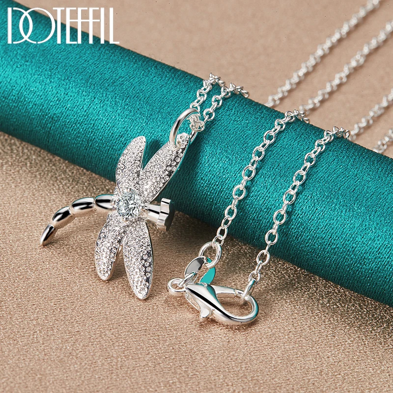 DOTEFFIL 3pcs 925 Sterling Silver AAA Zircon Dragonfly Neckalce Ring Bracelet For Woman Man Wedding Party Charm Jewelry