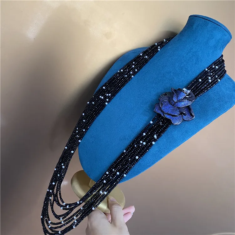 10strands black stone white freshwater pearl necklace micro inlay zircon blue flowers accessorie 80-90cm fashion jewelry