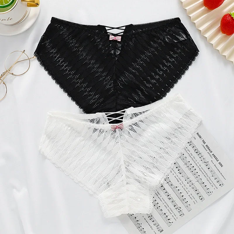 

Women Lace Panties Low Waist Briefs Cross Strap Bow Panties Fashion Sexy Underwear Solid Breathable Underpants Hollow Out Panty