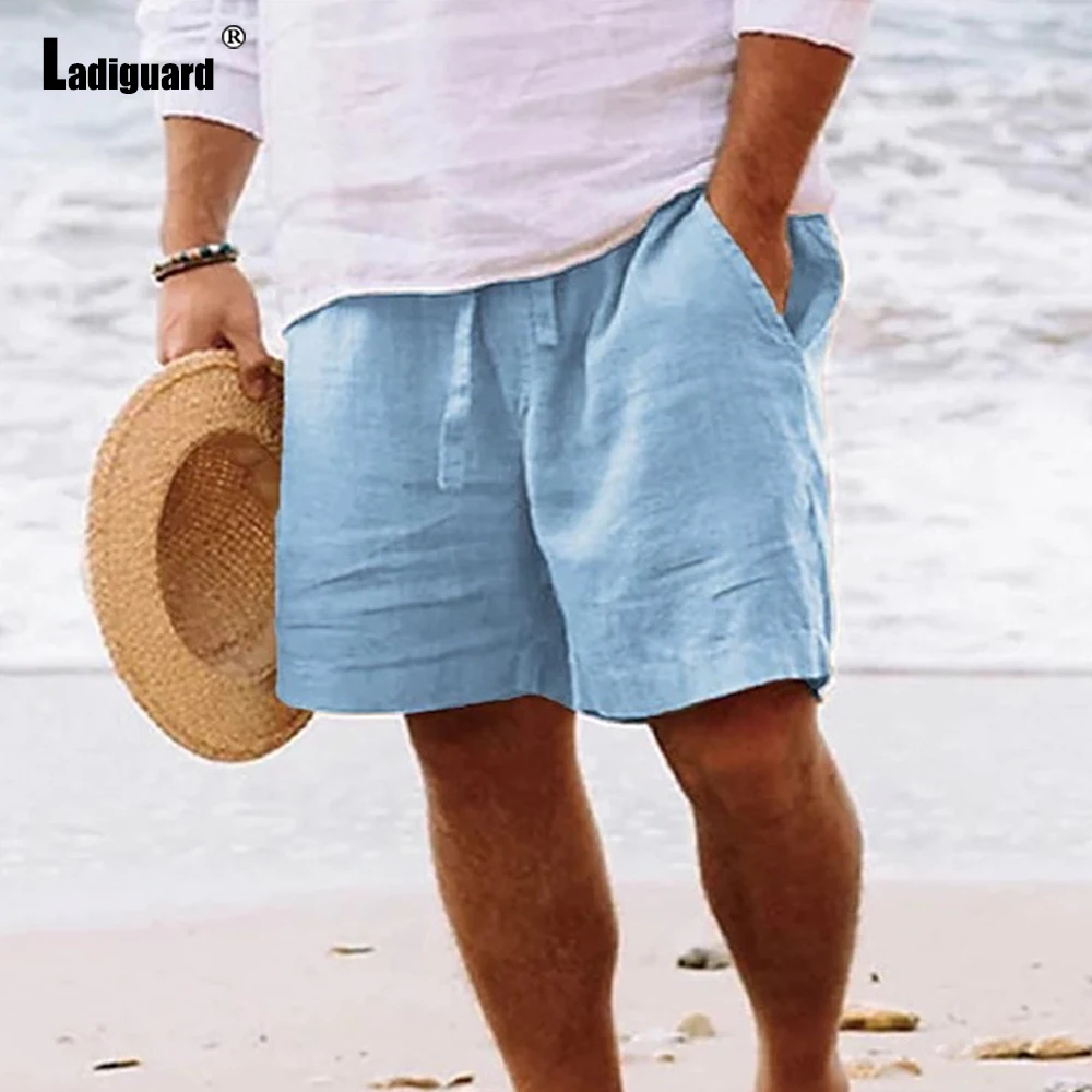 Ladiguard 2023 Men's Casual Linen Shorts Drawstring Sweatpants Plus Size Mens Leisure Beach Shorts Abstract sun Print Streetwear