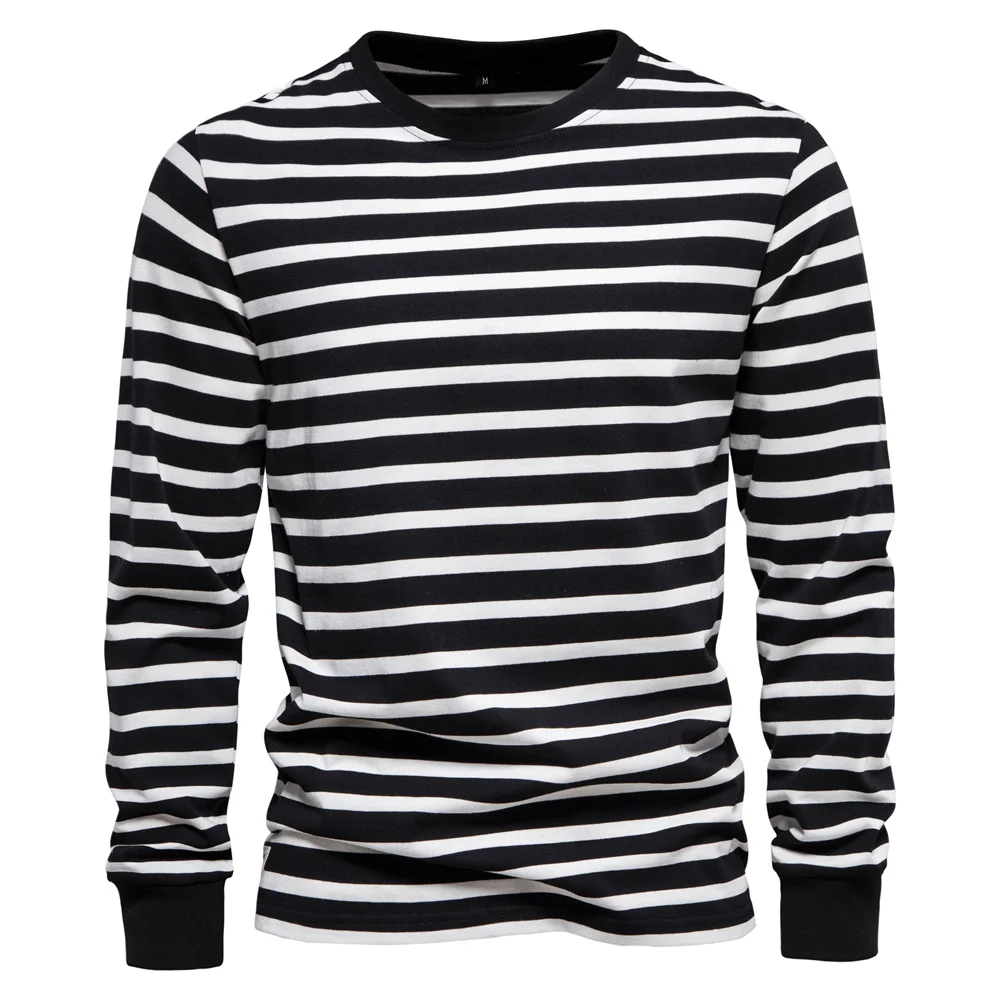 

Simplicity Stripe Print T Shirt For Men Fashion Comfortable Cotton Long Sleeve T-shirt Leisure O-neck Pullover Autumn Loose Tops
