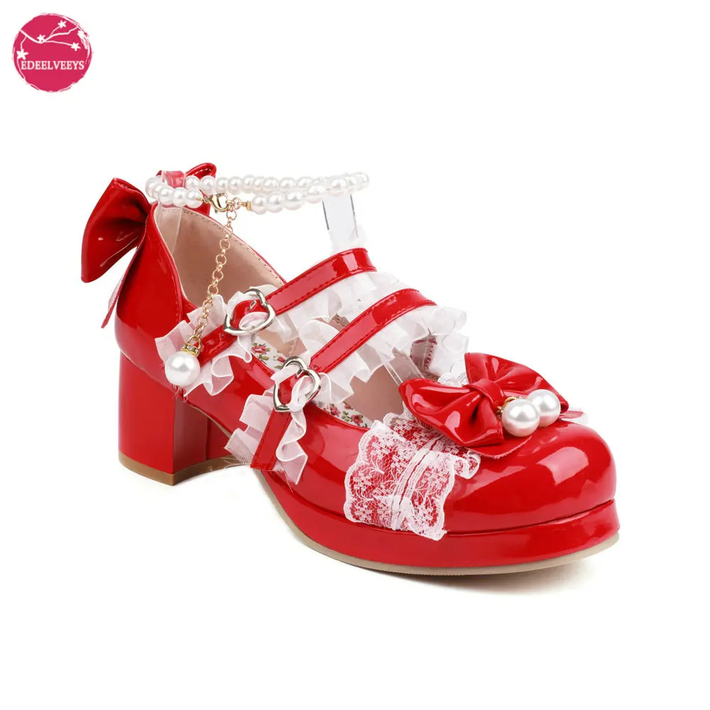 

Women's Sweet Lolita Shoes Pearls String Bead Lace Ankle Strap Patent Leather Mary Jane Platform Chunky Heeled Party Bow Pumps