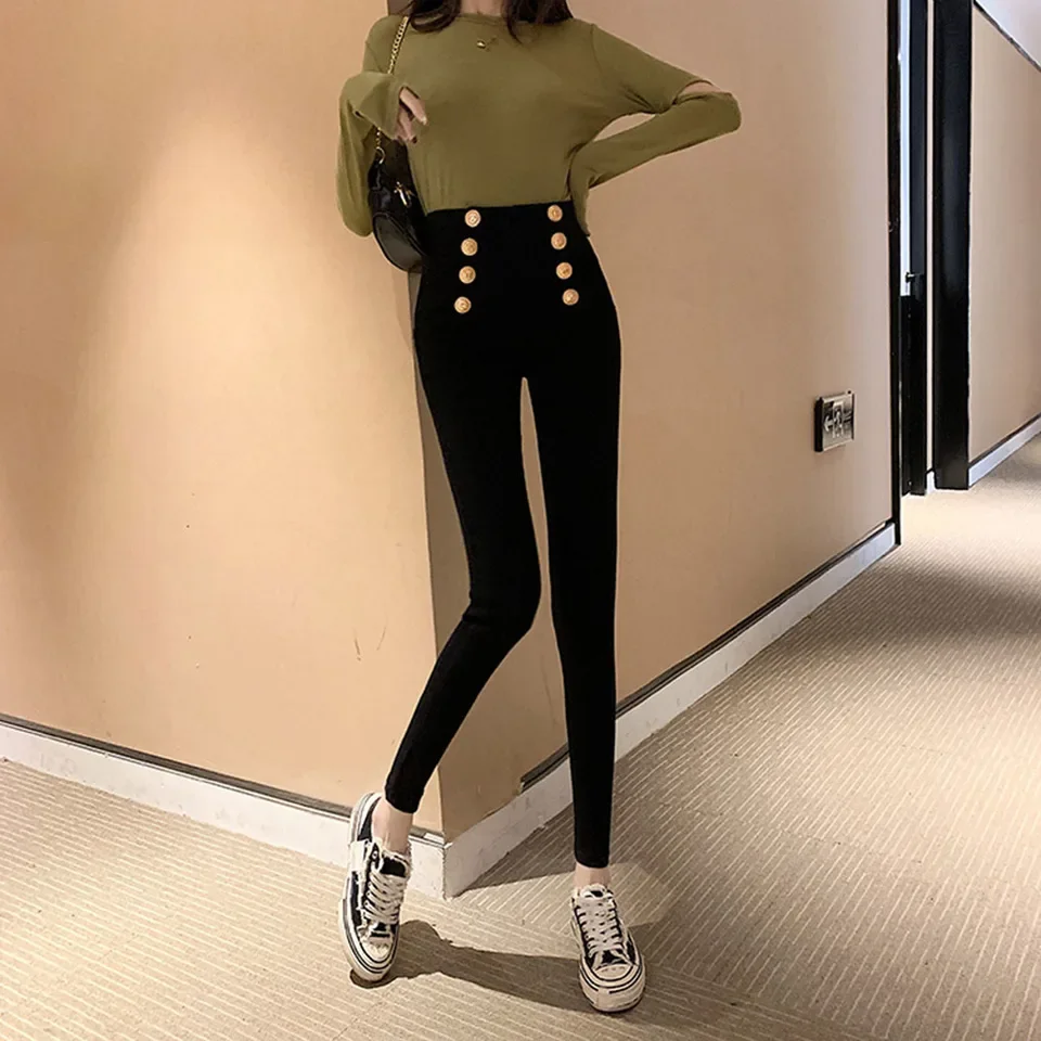 Fashion women's trousers Spring autumn new high-elastic double-breasted tight-fitting high-waisted slimming pants Women's pants 5
