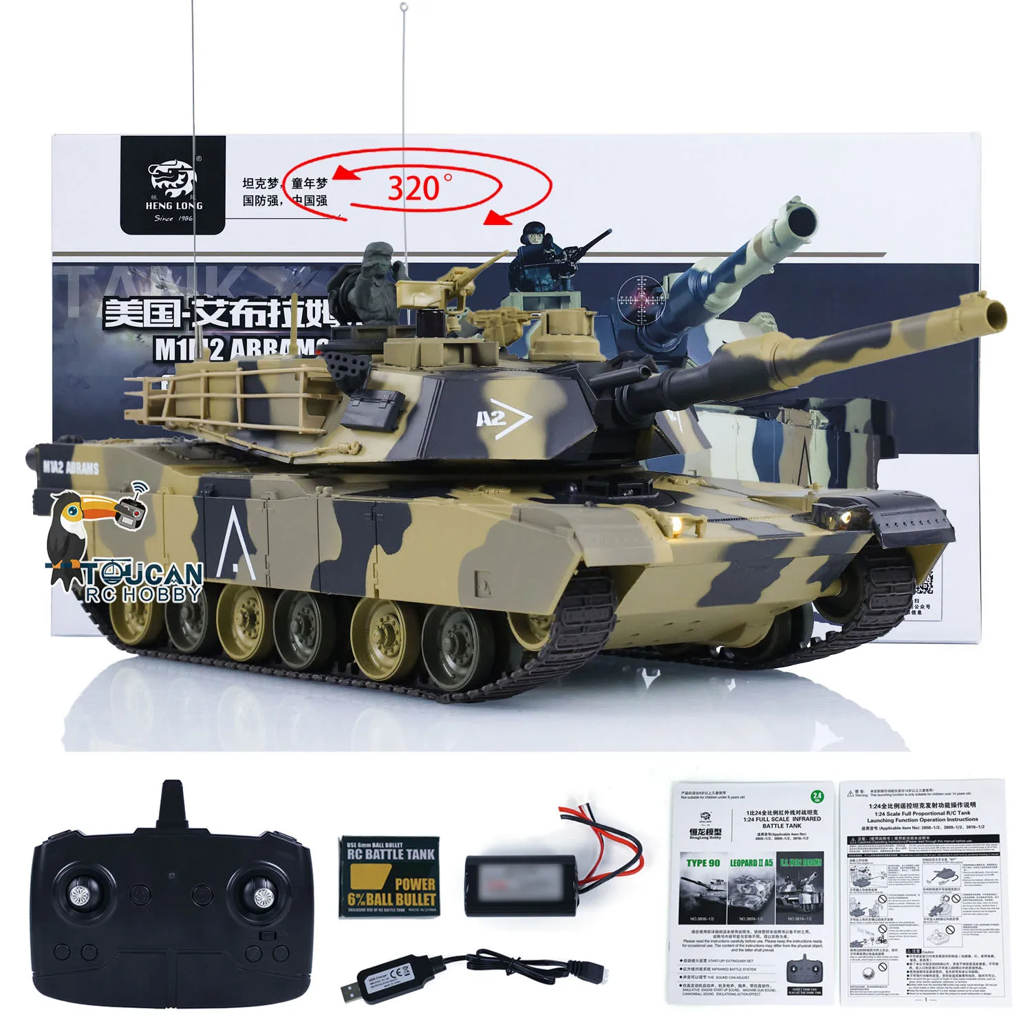 Heng Long 1/24 M1A2 3816-2 RC Tank Abrams 2.4G Toys TOUCAN Radio Control Battle Tank Cars Vehicle Model for Boys Gifts TH23394 3