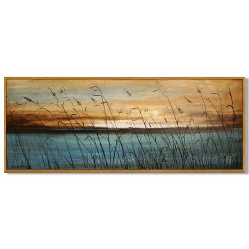 

Handmade Lakeside Landscape Wall Decor Oil Painting Hand Painted Modern Blue Sea Art Sunset Seascape Oil Painting on Canvas